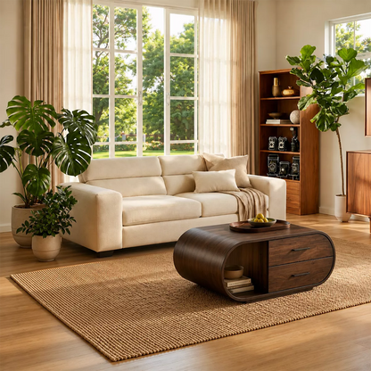 Curved Solid Wood Coffee Table With Drawers And Open Shelf - Livewoodcraft - 2