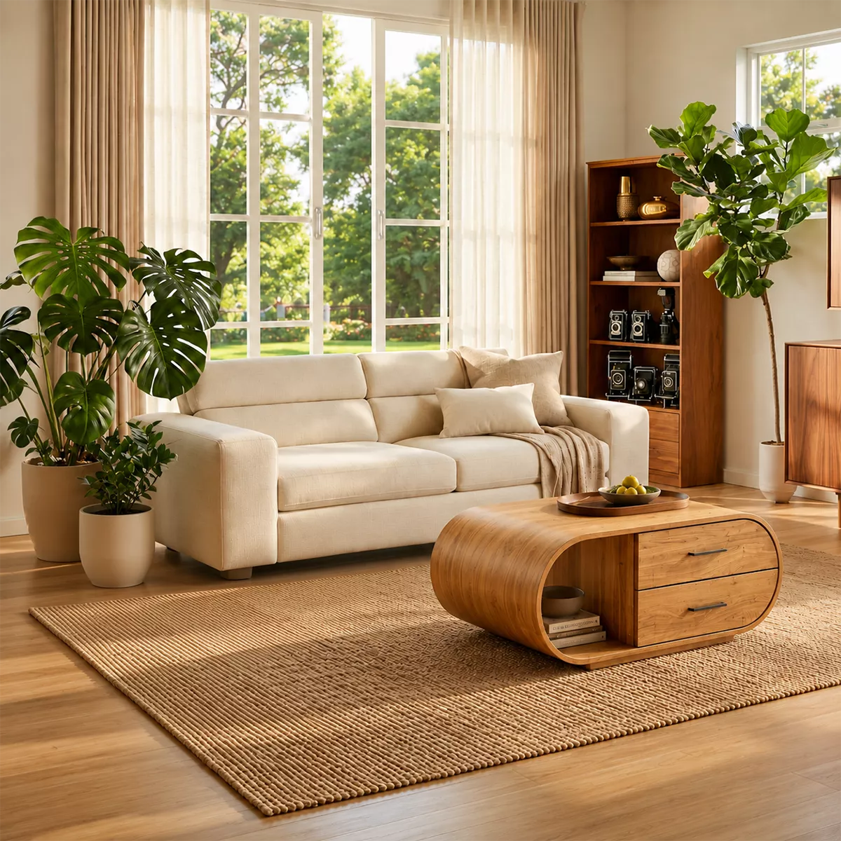Curved Solid Wood Coffee Table With Drawers And Open Shelf - Livewoodcraft - 4