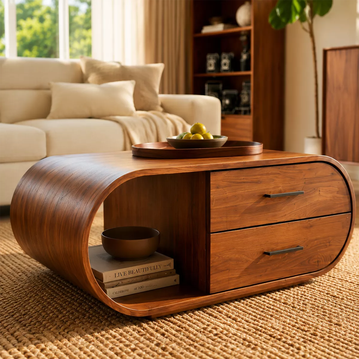 Curved Solid Wood Coffee Table With Drawers And Open Shelf - Livewoodcraft - 5