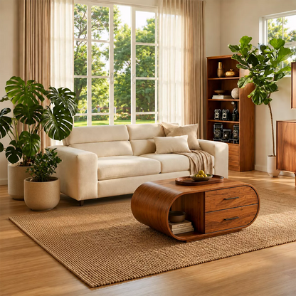 Curved Solid Wood Coffee Table With Drawers And Open Shelf - Livewoodcraft - 7