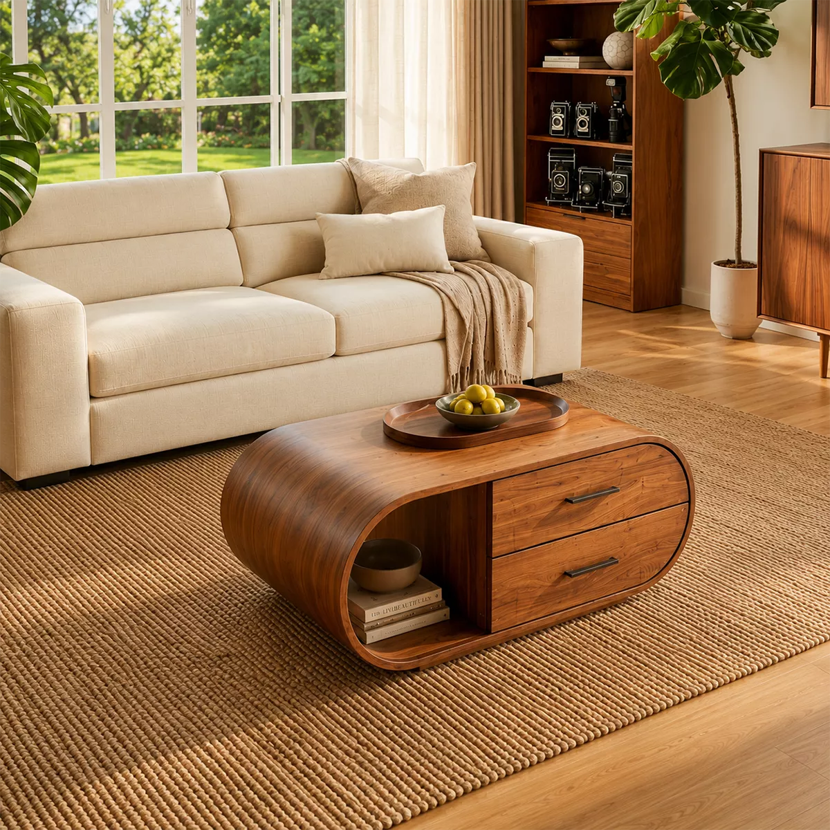 Curved Solid Wood Coffee Table With Drawers And Open Shelf - Livewoodcraft - 9