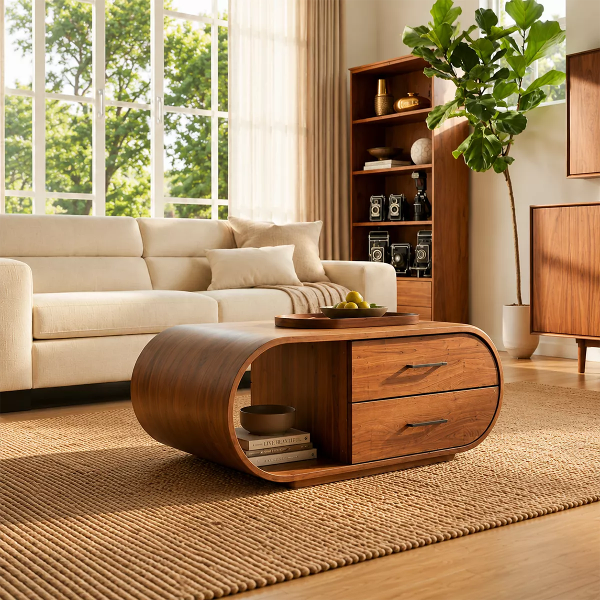 Curved Solid Wood Coffee Table With Drawers And Open Shelf - Livewoodcraft