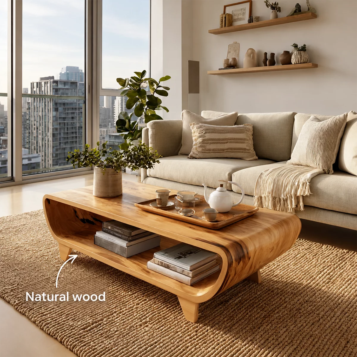 Curved Solid Wood Coffee Table With Open Shelf Rounded Sides And Natural Wood Grain For Modern Living Room - Livewoodcraft - 10