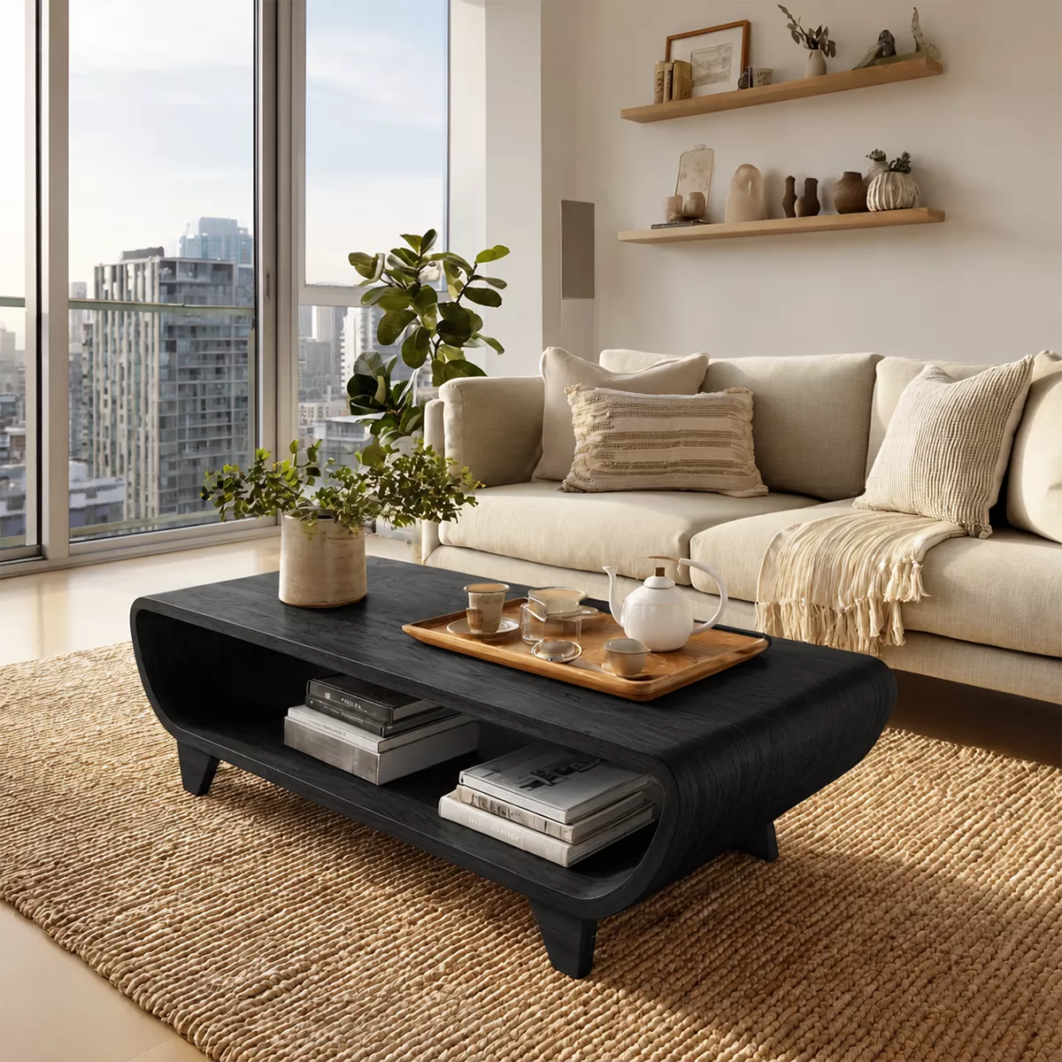 Curved Solid Wood Coffee Table With Open Shelf Rounded Sides And Natural Wood Grain For Modern Living Room - Livewoodcraft - 2