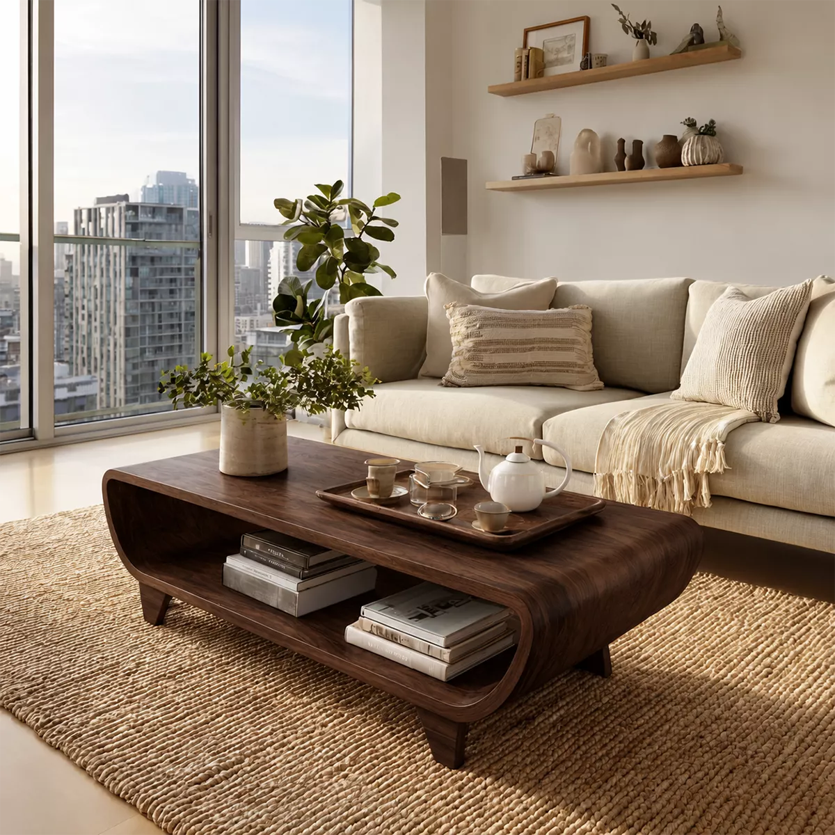 Curved Solid Wood Coffee Table With Open Shelf Rounded Sides And Natural Wood Grain For Modern Living Room - Livewoodcraft - 3