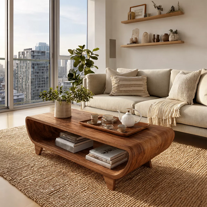 Curved Solid Wood Coffee Table With Open Shelf Rounded Sides And Natural Wood Grain For Modern Living Room - Livewoodcraft - 4