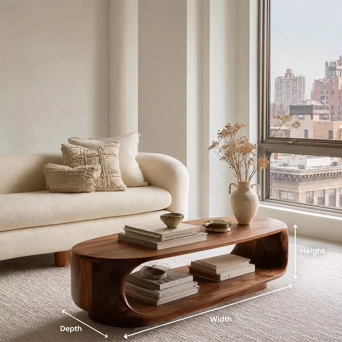 Curved Solid Wood Coffee Table With Open Shelf Rounded Sides And Natural Wood Grain For Modern Living Room - Livewoodcraft - 4272 - 10