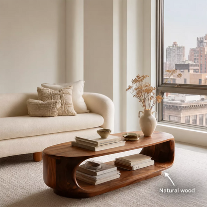 Curved Solid Wood Coffee Table With Open Shelf Rounded Sides And Natural Wood Grain For Modern Living Room - Livewoodcraft - 4272 - 11