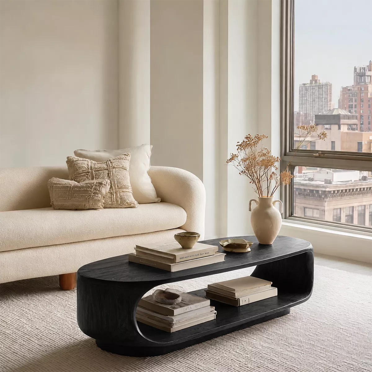 Curved Solid Wood Coffee Table With Open Shelf Rounded Sides And Natural Wood Grain For Modern Living Room - Livewoodcraft - 4272 - 3