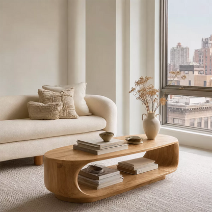Curved Solid Wood Coffee Table With Open Shelf Rounded Sides And Natural Wood Grain For Modern Living Room - Livewoodcraft - 4272 - 4