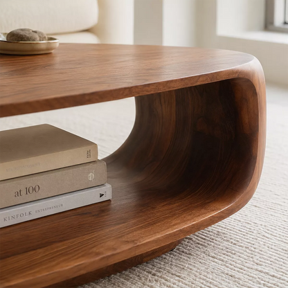 Curved Solid Wood Coffee Table With Open Shelf Rounded Sides And Natural Wood Grain For Modern Living Room - Livewoodcraft - 4272 - 5