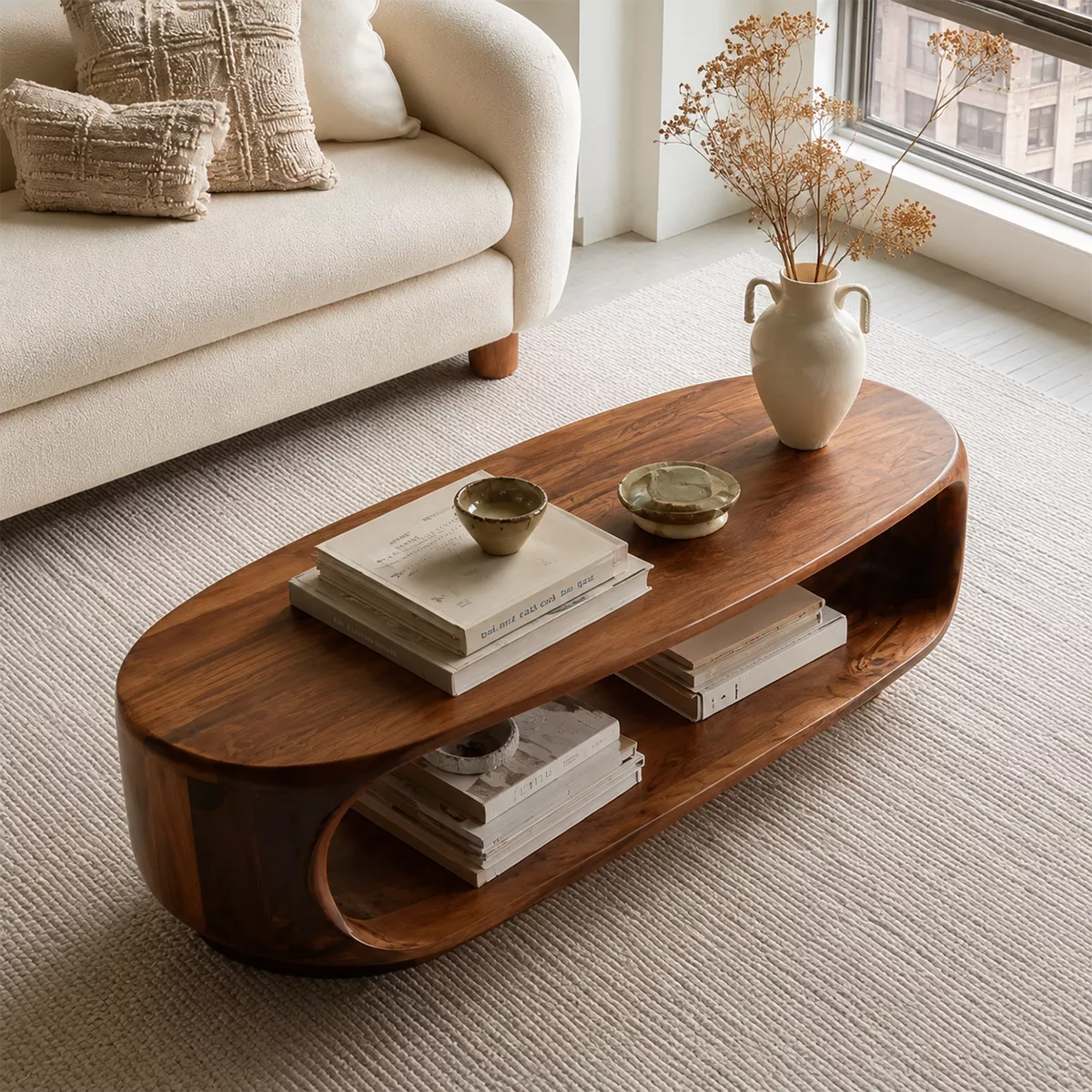 Curved Solid Wood Coffee Table With Open Shelf Rounded Sides And Natural Wood Grain For Modern Living Room - Livewoodcraft - 4272 - 6