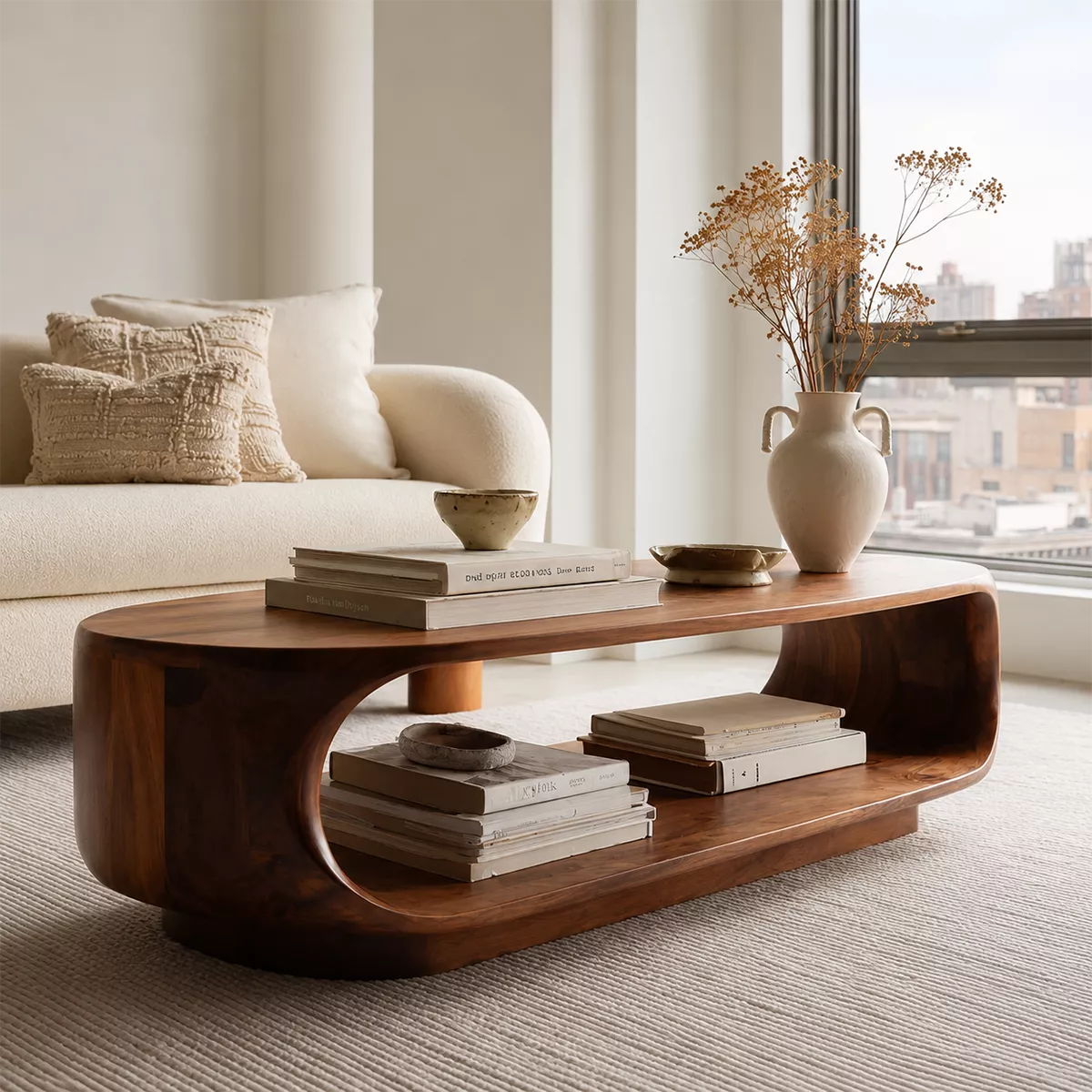 Curved Solid Wood Coffee Table With Open Shelf Rounded Sides And Natural Wood Grain For Modern Living Room - Livewoodcraft - 4272 - 7
