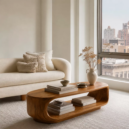Curved Solid Wood Coffee Table With Open Shelf Rounded Sides And Natural Wood Grain For Modern Living Room - Livewoodcraft - 4272 - 9