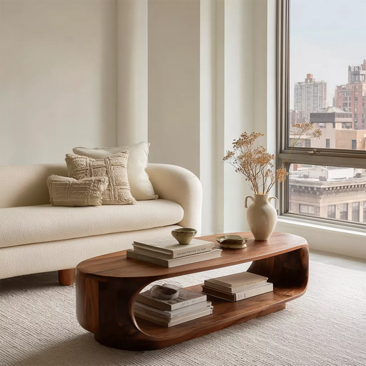 Curved Solid Wood Coffee Table With Open Shelf Rounded Sides And Natural Wood Grain For Modern Living Room - Livewoodcraft - 4272