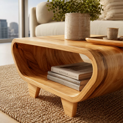 Curved Solid Wood Coffee Table With Open Shelf Rounded Sides And Natural Wood Grain For Modern Living Room - Livewoodcraft - 5