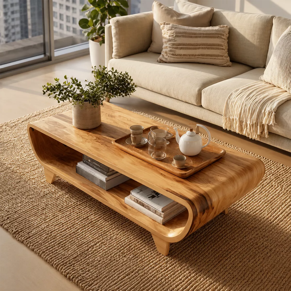 Curved Solid Wood Coffee Table With Open Shelf Rounded Sides And Natural Wood Grain For Modern Living Room - Livewoodcraft - 6