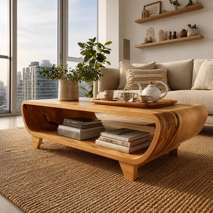 Curved Solid Wood Coffee Table With Open Shelf Rounded Sides And Natural Wood Grain For Modern Living Room - Livewoodcraft - 7