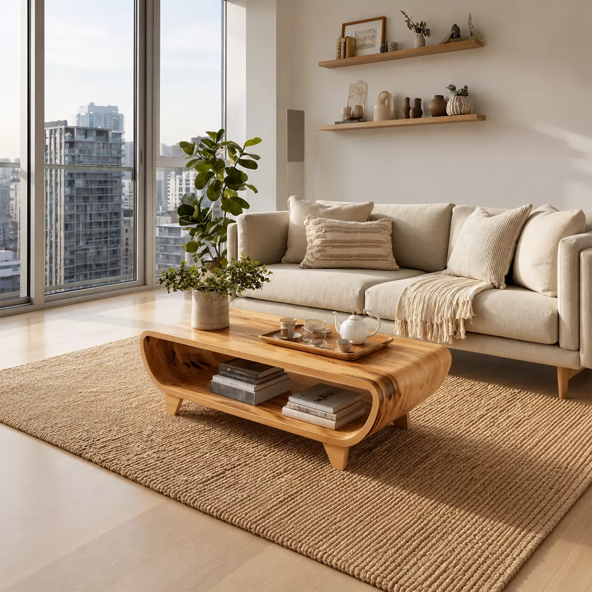 Curved Solid Wood Coffee Table With Open Shelf Rounded Sides And Natural Wood Grain For Modern Living Room - Livewoodcraft - 8