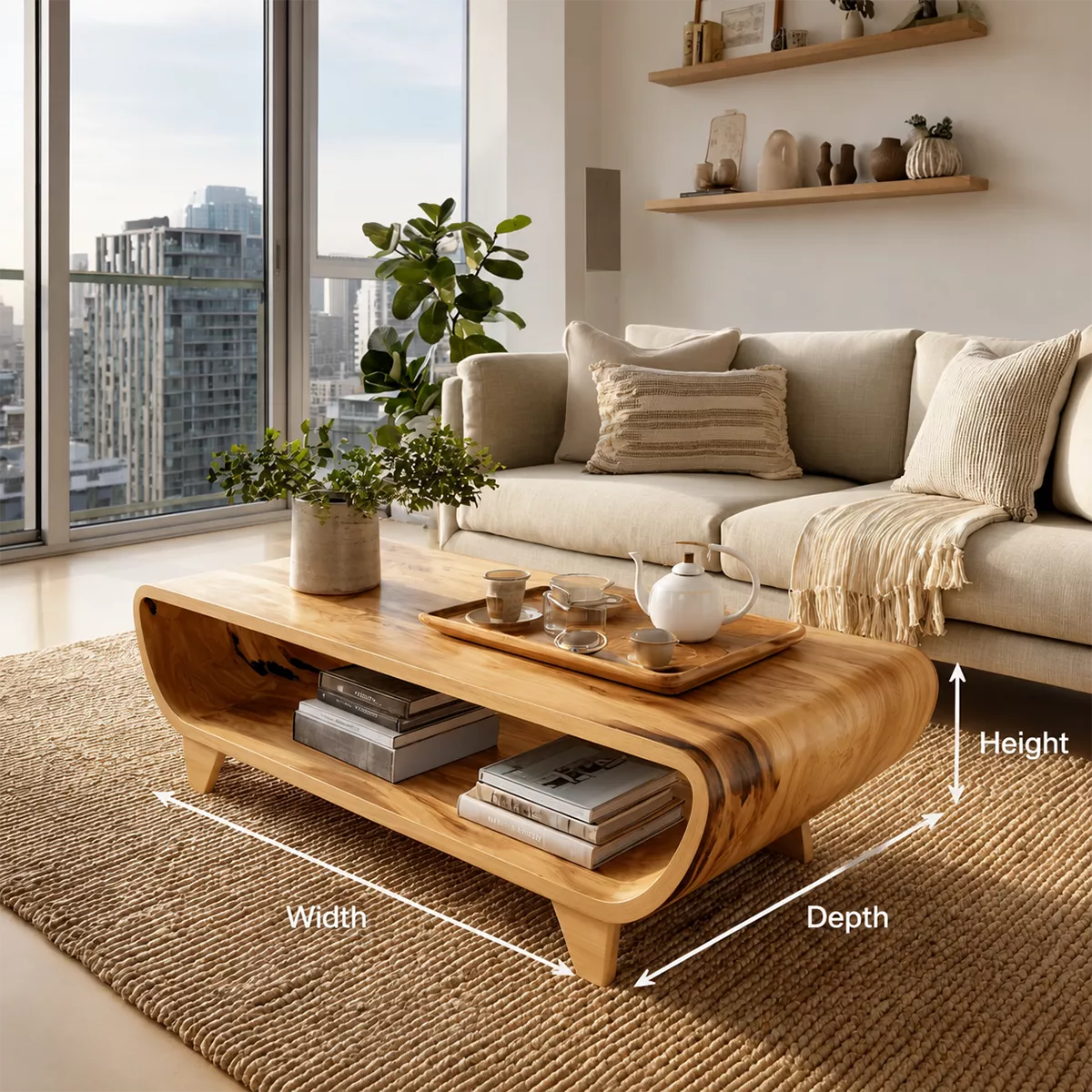 Curved Solid Wood Coffee Table With Open Shelf Rounded Sides And Natural Wood Grain For Modern Living Room - Livewoodcraft - 9