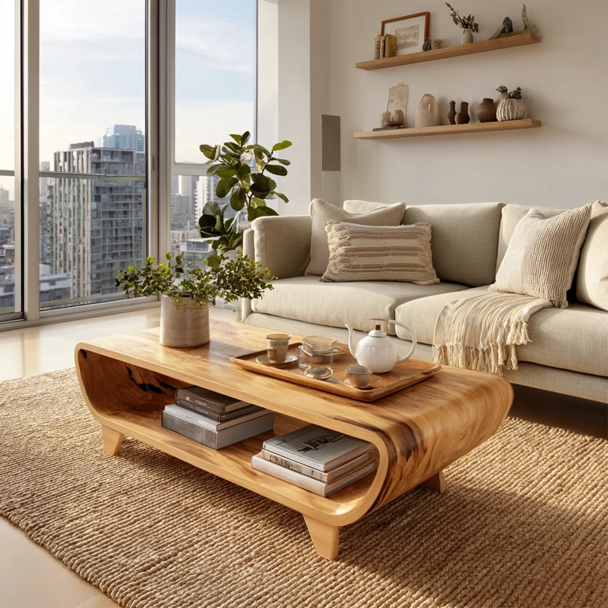 Curved Solid Wood Coffee Table With Open Shelf Rounded Sides And Natural Wood Grain For Modern Living Room - Livewoodcraft