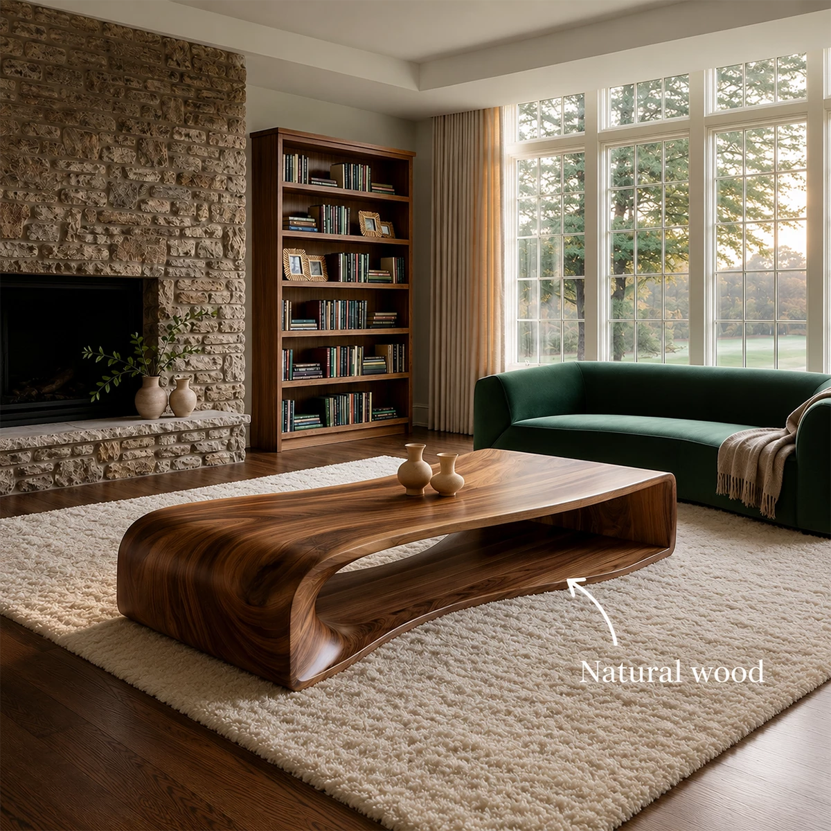 Curved Solid Wood Coffee Table With Sculptural Open Base For Living Room - Livewoodcraft - 10