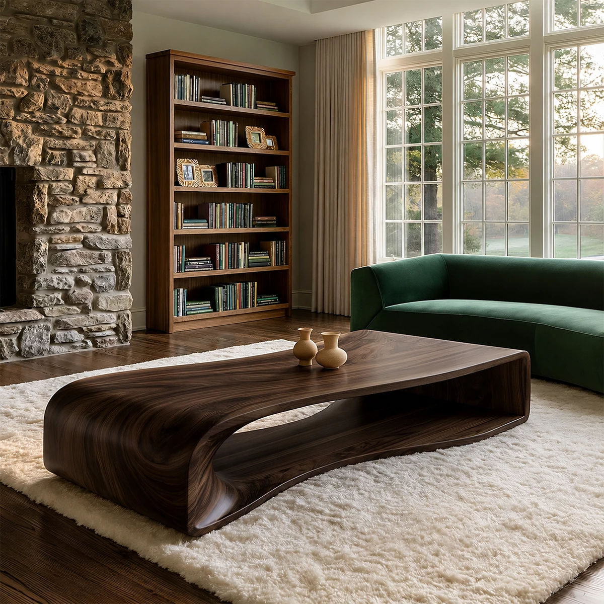 Curved Solid Wood Coffee Table With Sculptural Open Base For Living Room - Livewoodcraft - 2