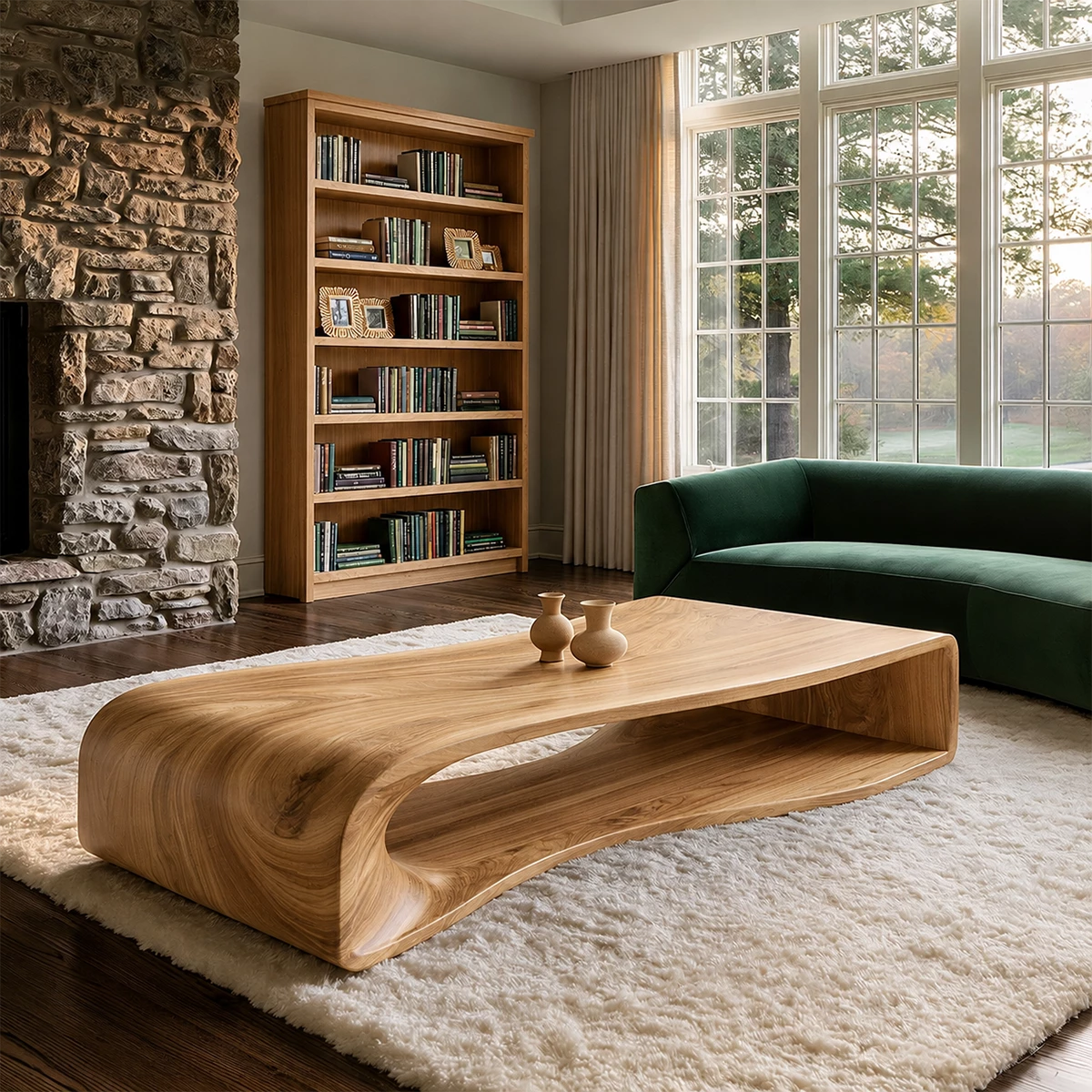 Curved Solid Wood Coffee Table With Sculptural Open Base For Living Room - Livewoodcraft - 4