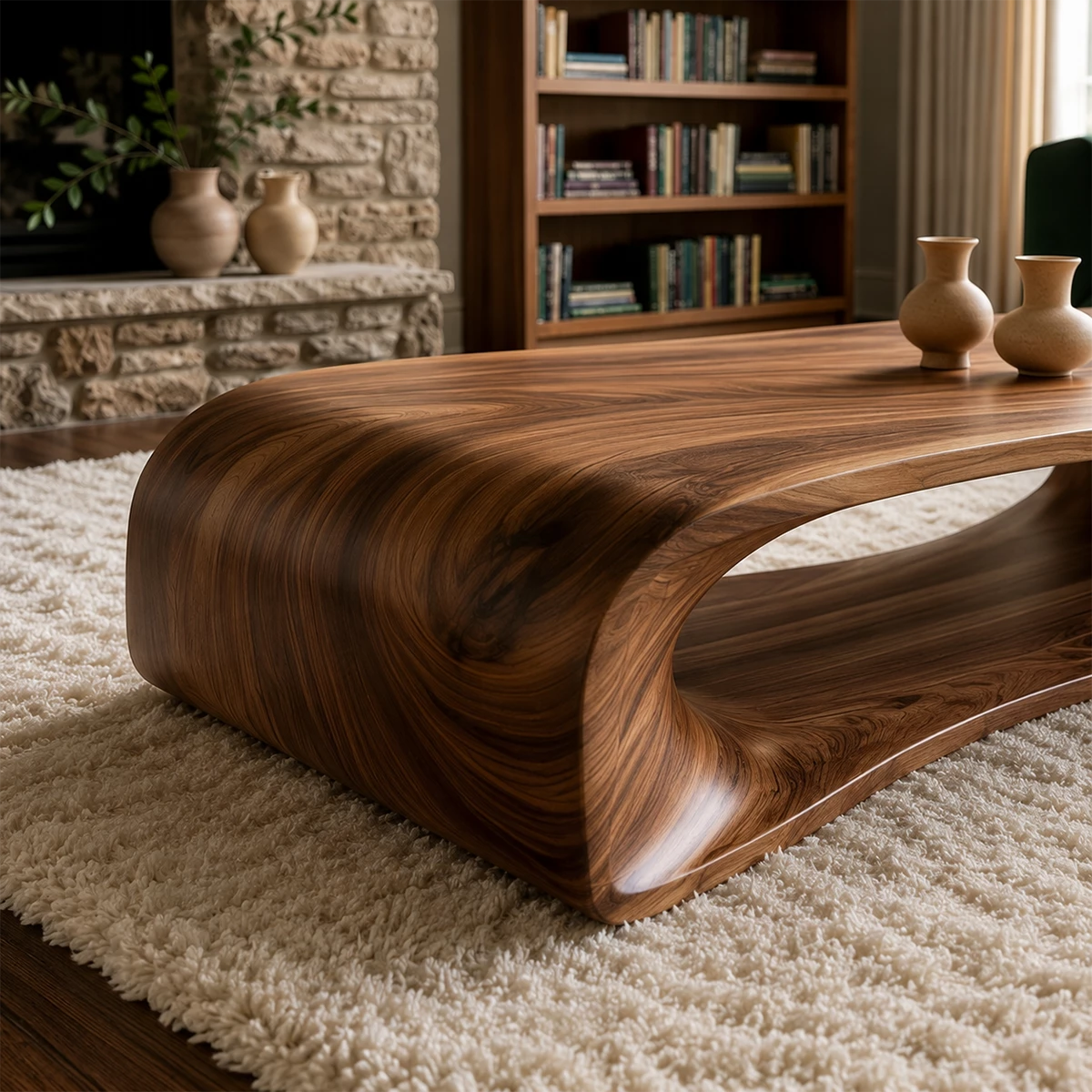 Curved Solid Wood Coffee Table With Sculptural Open Base For Living Room - Livewoodcraft - 6