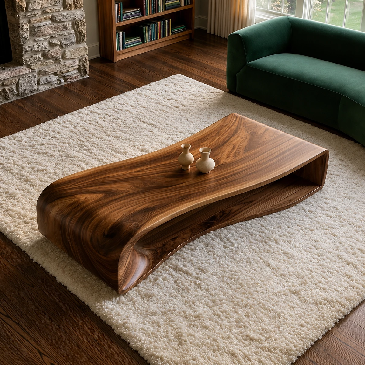 Curved Solid Wood Coffee Table With Sculptural Open Base For Living Room - Livewoodcraft - 7