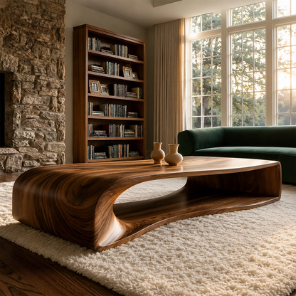 Curved Solid Wood Coffee Table With Sculptural Open Base For Living Room - Livewoodcraft - 8