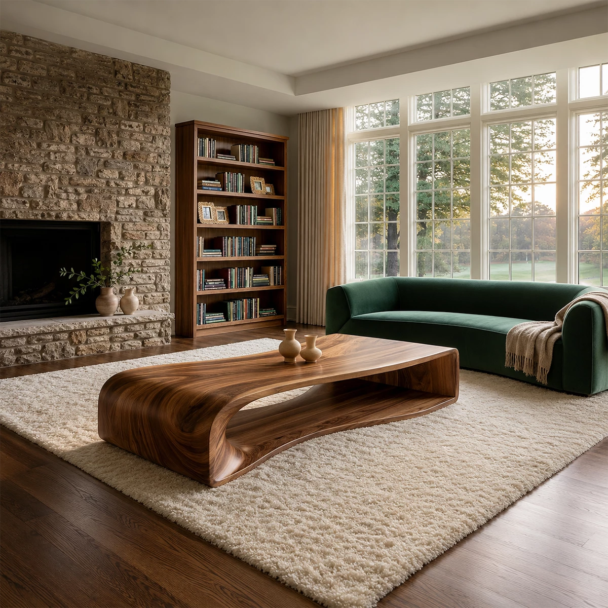 Curved Solid Wood Coffee Table With Sculptural Open Base For Living Room - Livewoodcraft - 9