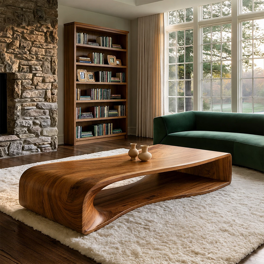 Curved Solid Wood Coffee Table With Sculptural Open Base For Living Room - Livewoodcraft