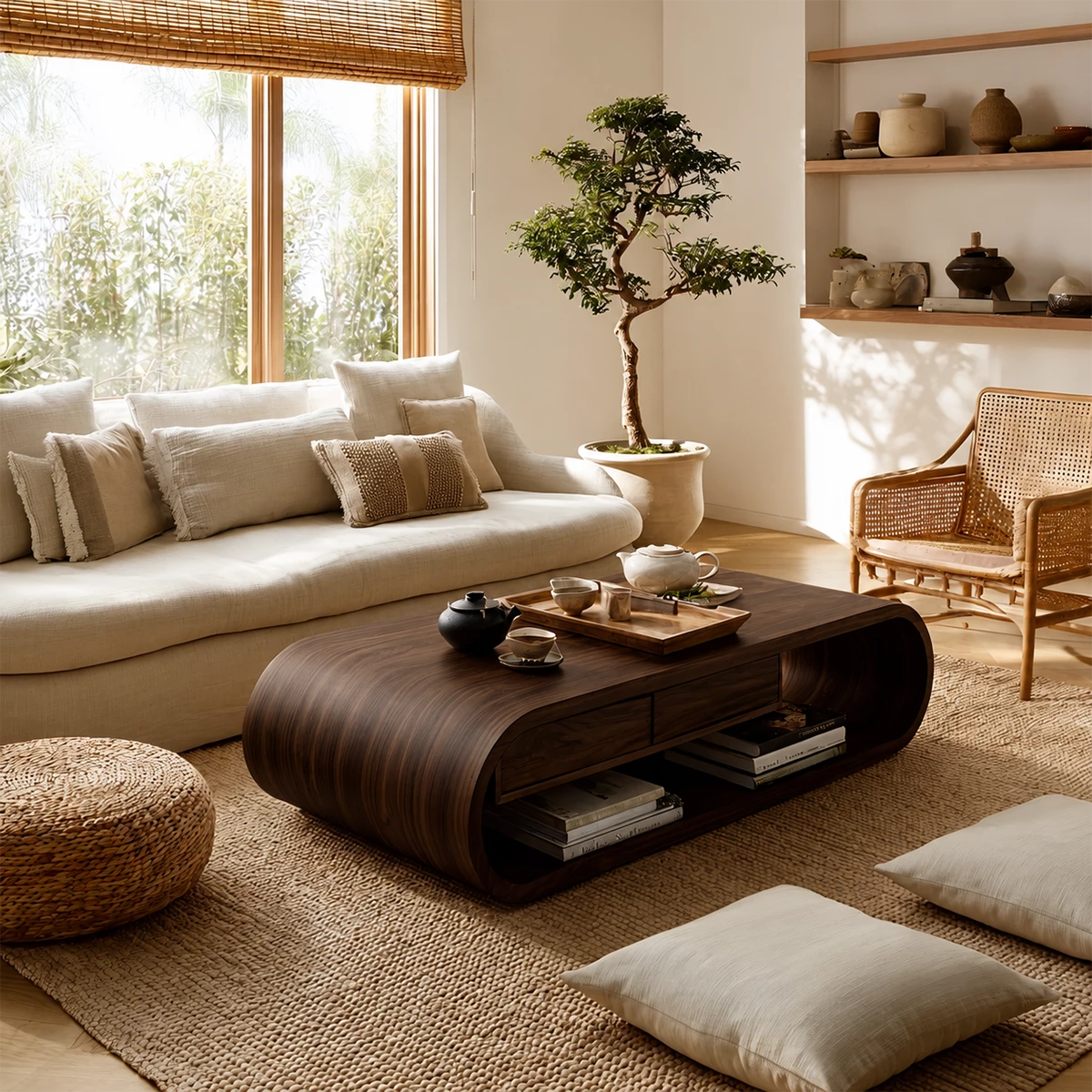 Curved Solid Wood Coffee Table With Storage Drawers Open Shelf And Rounded Waterfall Base For Modern Living Room - Livewoodcraft - 2