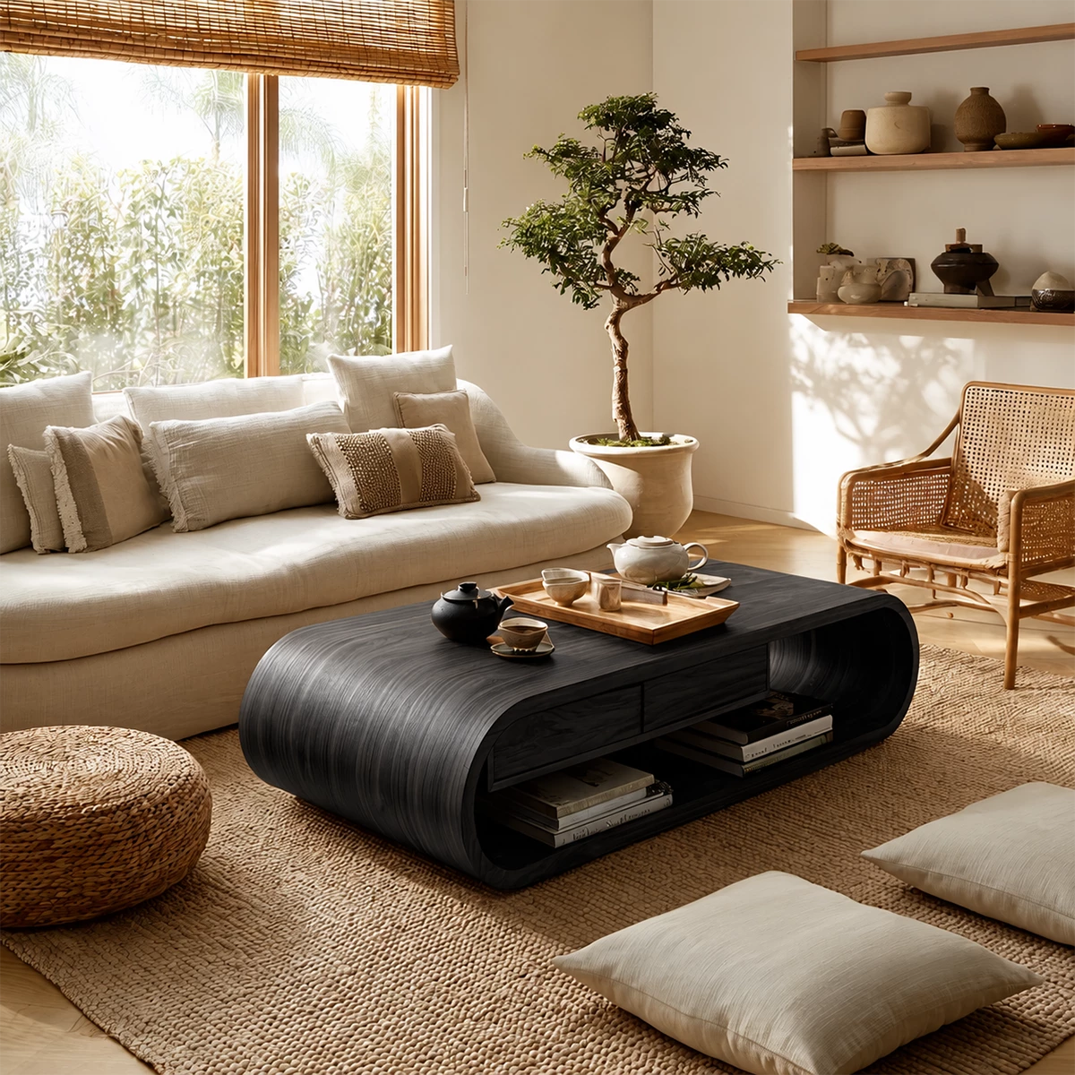 Curved Solid Wood Coffee Table With Storage Drawers Open Shelf And Rounded Waterfall Base For Modern Living Room - Livewoodcraft - 3