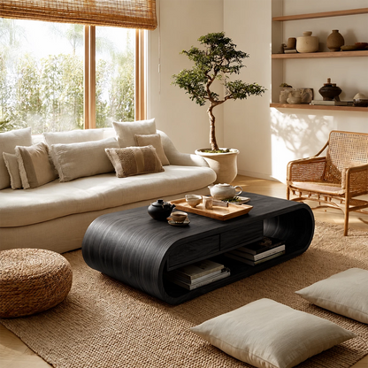 Curved Solid Wood Coffee Table With Storage Drawers Open Shelf And Rounded Waterfall Base For Modern Living Room - Livewoodcraft - 3