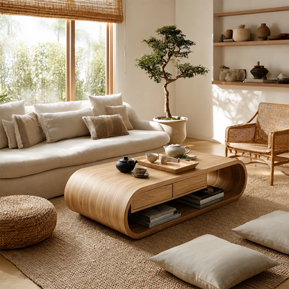Curved Solid Wood Coffee Table With Storage Drawers Open Shelf And Rounded Waterfall Base For Modern Living Room - Livewoodcraft - 4