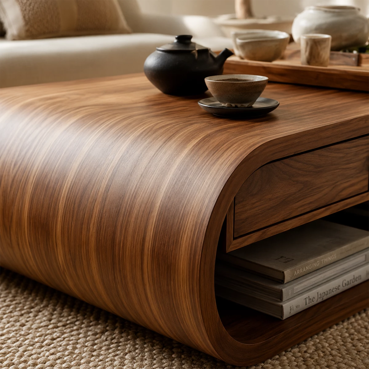 Curved Solid Wood Coffee Table With Storage Drawers Open Shelf And Rounded Waterfall Base For Modern Living Room - Livewoodcraft - 5