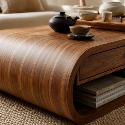 Curved Solid Wood Coffee Table With Storage Drawers Open Shelf And Rounded Waterfall Base For Modern Living Room - Livewoodcraft - 5