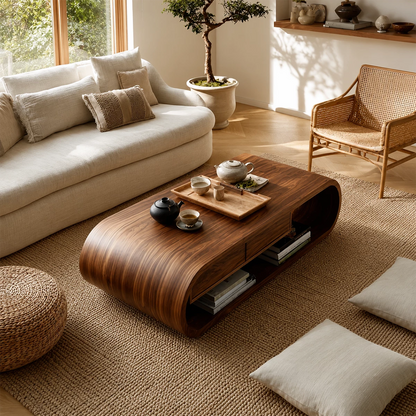 Curved Solid Wood Coffee Table With Storage Drawers Open Shelf And Rounded Waterfall Base For Modern Living Room - Livewoodcraft - 6