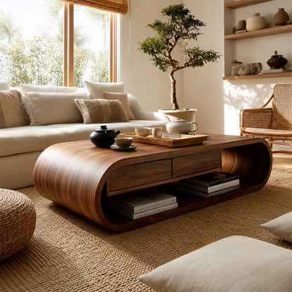 Curved Solid Wood Coffee Table With Storage Drawers Open Shelf And Rounded Waterfall Base For Modern Living Room - Livewoodcraft - 7