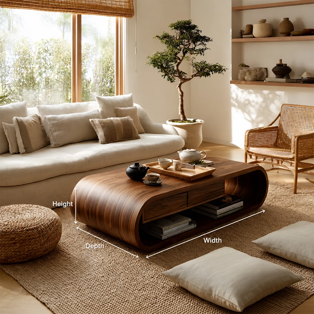Curved Solid Wood Coffee Table With Storage Drawers Open Shelf And Rounded Waterfall Base For Modern Living Room - Livewoodcraft - 9