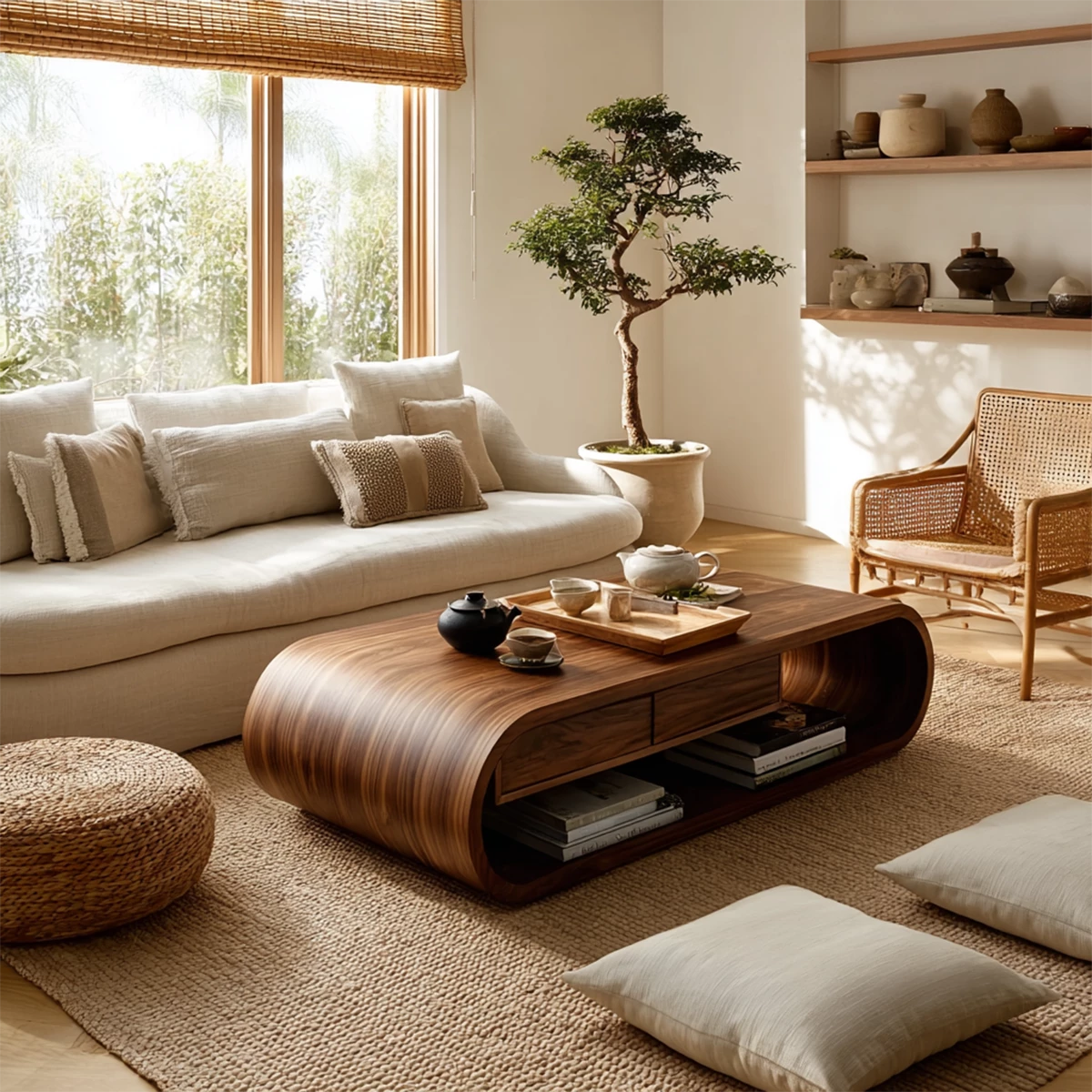 Curved Solid Wood Coffee Table With Storage Drawers Open Shelf And Rounded Waterfall Base For Modern Living Room - Livewoodcraft
