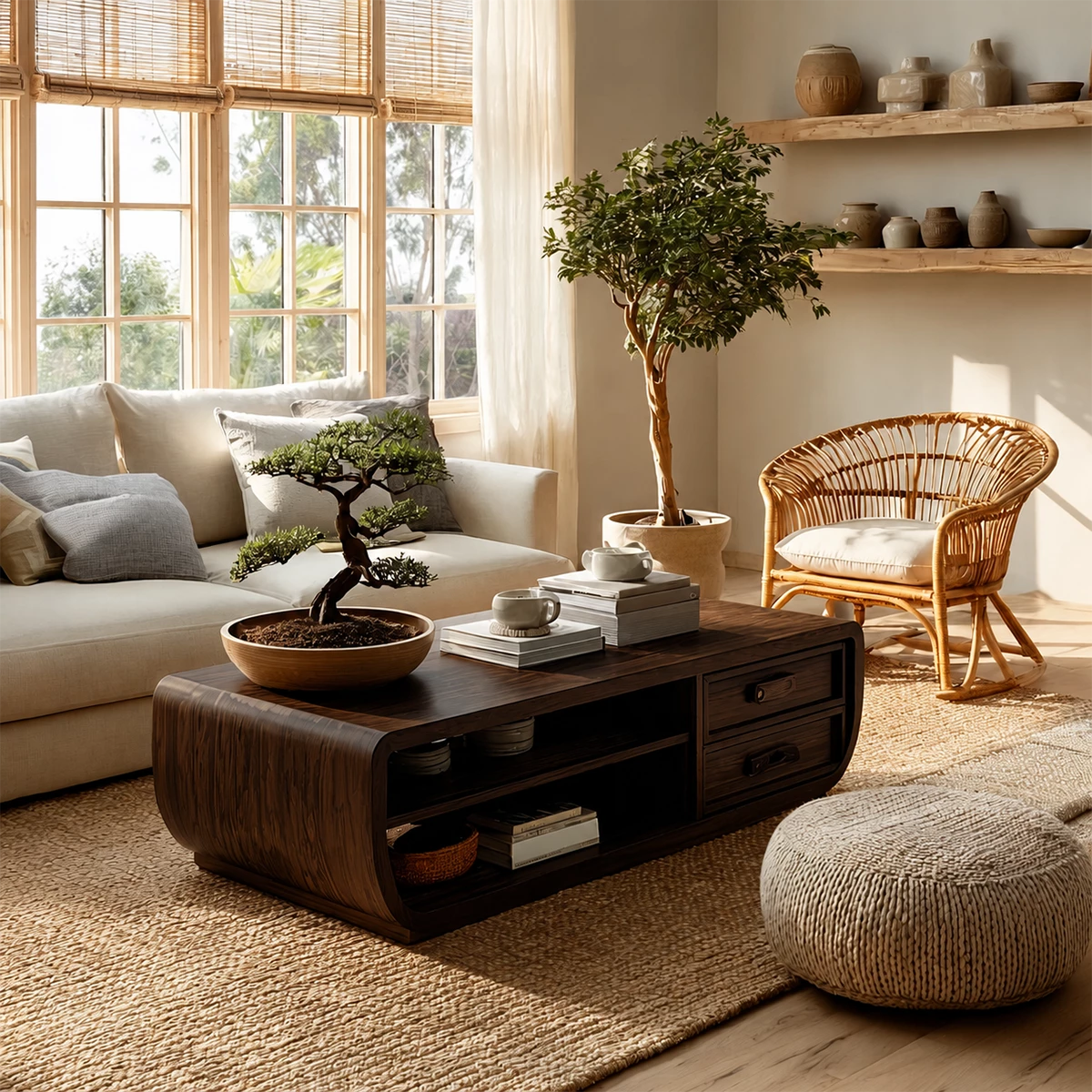 Curved Solid Wood Coffee Table With Storage Drawers Open Shelf And Rounded Waterfall Sides For Modern Living Room - Livewoodcraft - 2