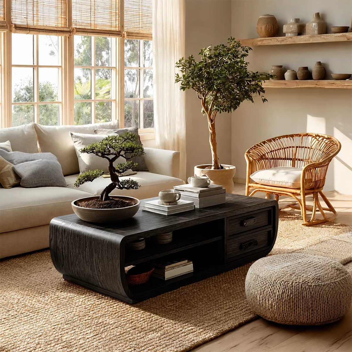 Curved Solid Wood Coffee Table With Storage Drawers Open Shelf And Rounded Waterfall Sides For Modern Living Room - Livewoodcraft - 3