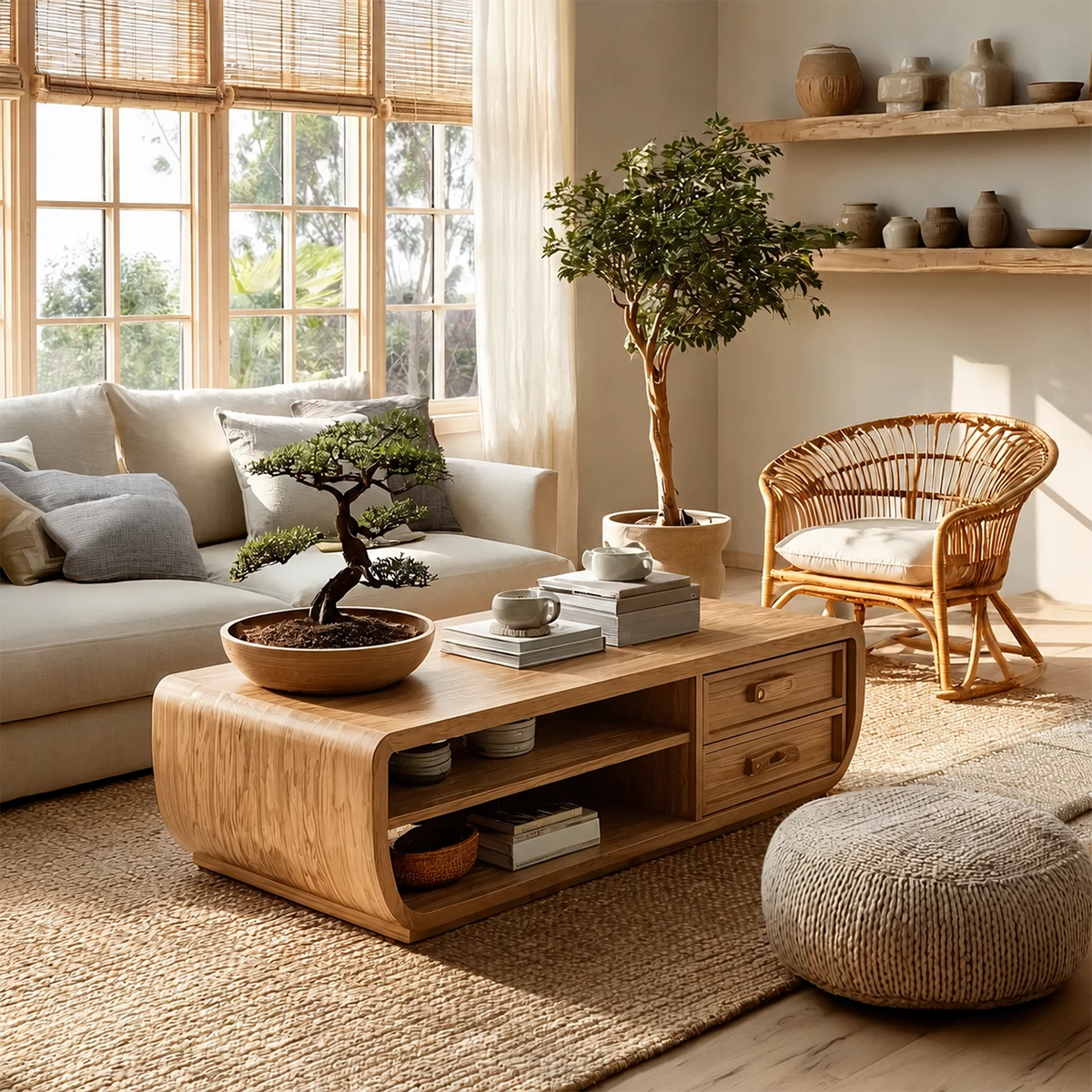 Curved Solid Wood Coffee Table With Storage Drawers Open Shelf And Rounded Waterfall Sides For Modern Living Room - Livewoodcraft - 4