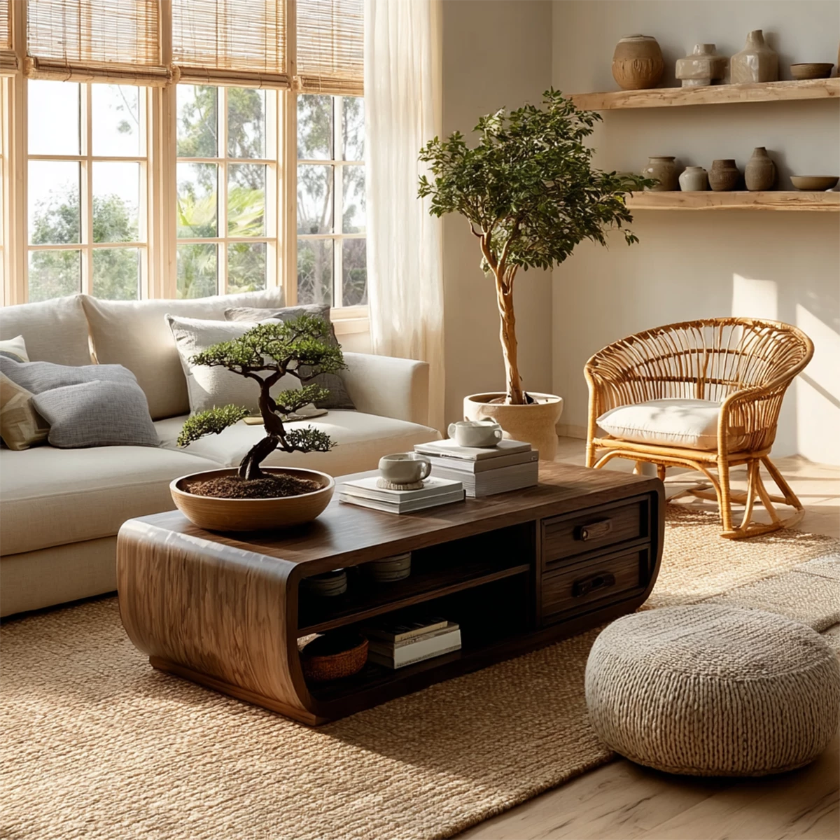 Curved Solid Wood Coffee Table With Storage Drawers Open Shelf And Rounded Waterfall Sides For Modern Living Room - Livewoodcraft - 5
