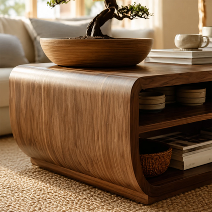 Curved Solid Wood Coffee Table With Storage Drawers Open Shelf And Rounded Waterfall Sides For Modern Living Room - Livewoodcraft - 6