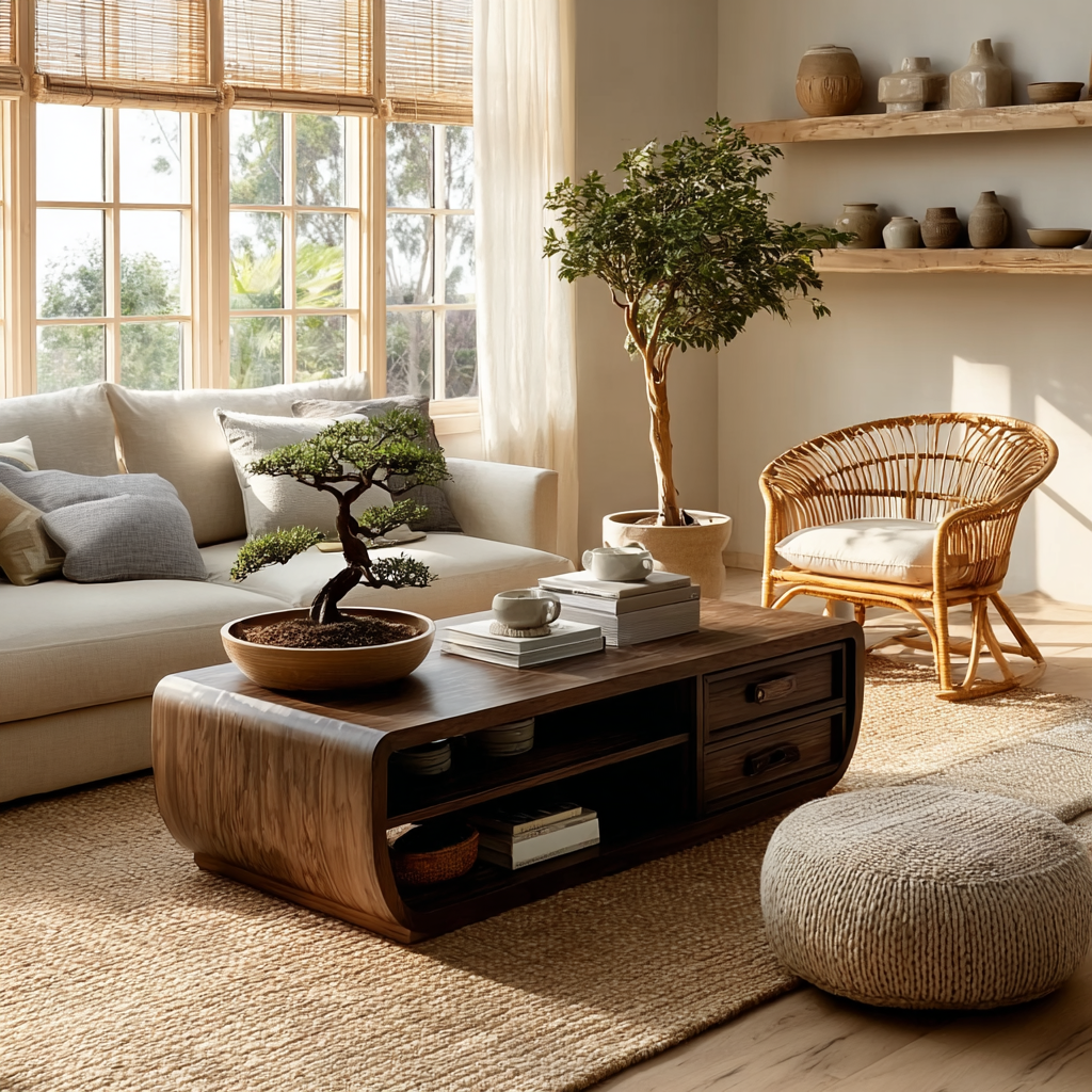 Curved Solid Wood Coffee Table With Storage Drawers Open Shelf And Rounded Waterfall Sides For Modern Living Room - Livewoodcraft - 8