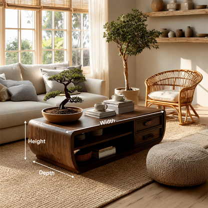 Curved Solid Wood Coffee Table With Storage Drawers Open Shelf And Rounded Waterfall Sides For Modern Living Room - Livewoodcraft - 9